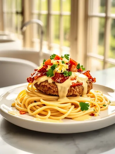 Loaded Turkey Cheeseburger Alfredo Pasta - ready to serve